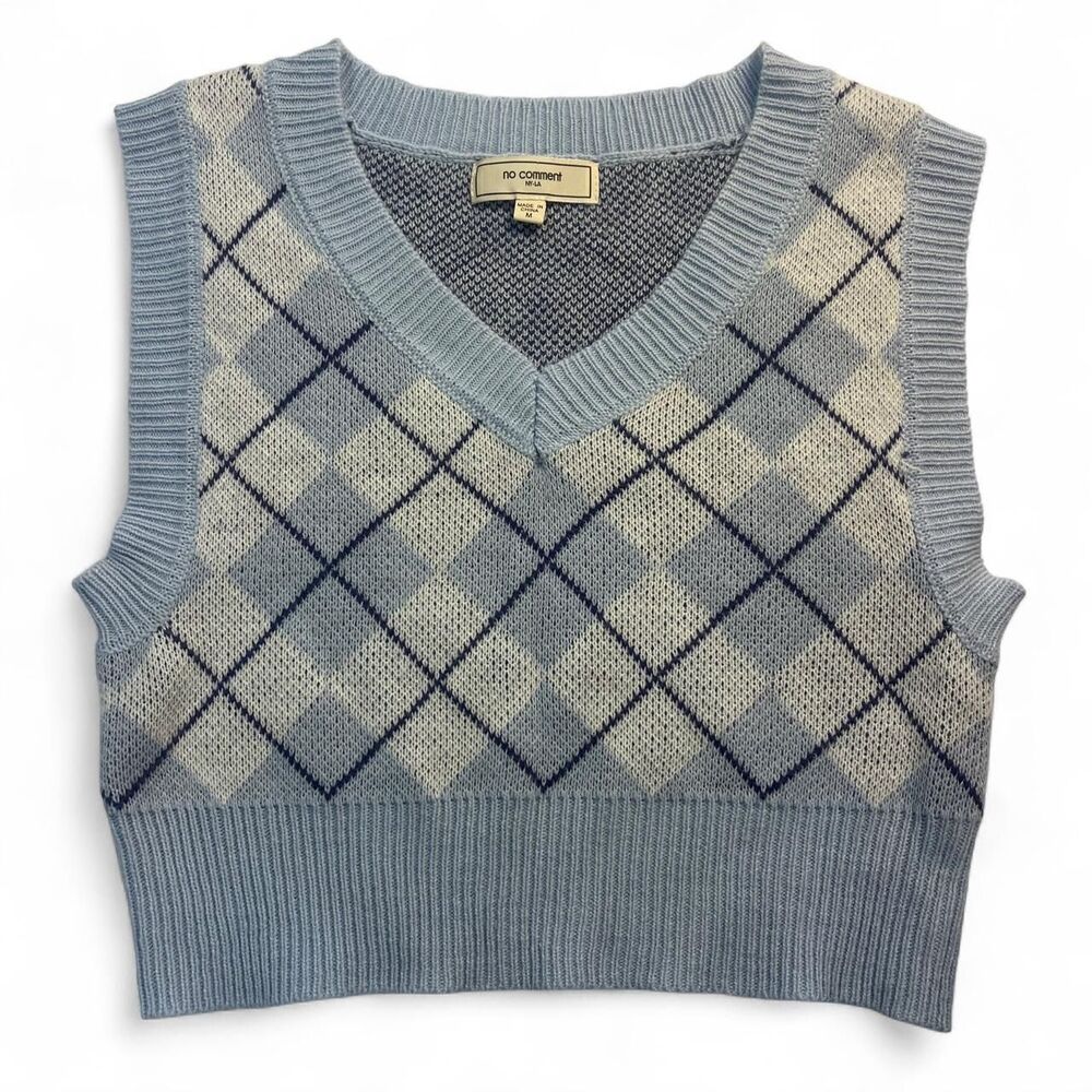 Y2K No Comment Blue Argyle Sweater Vest Women's M Preppy Knit Top